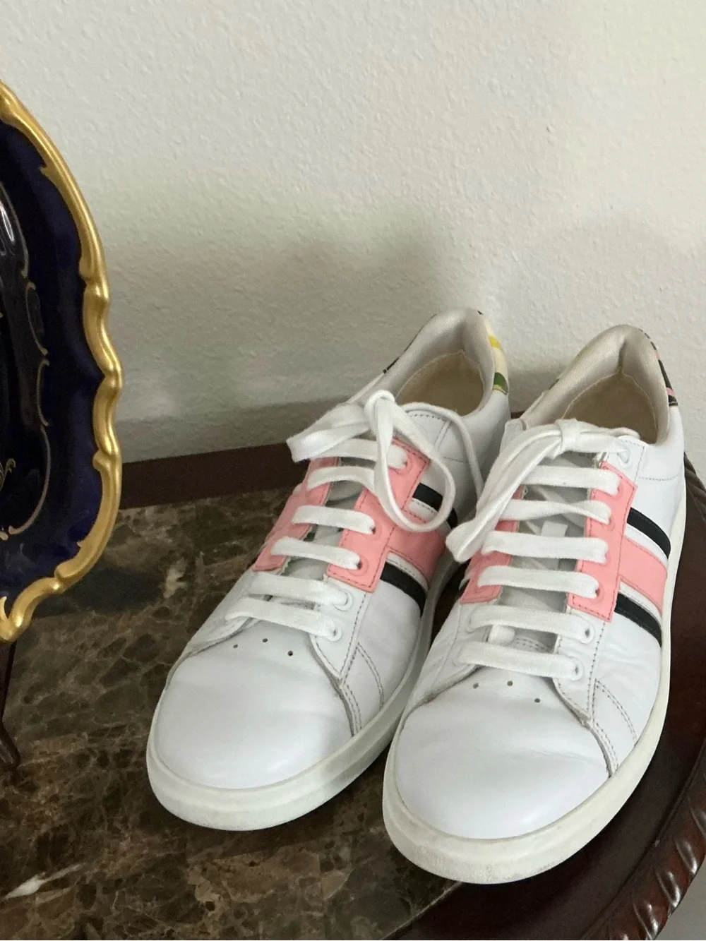 Tory Burch White Leather Sneakers with Pink Panels and Black Stripes